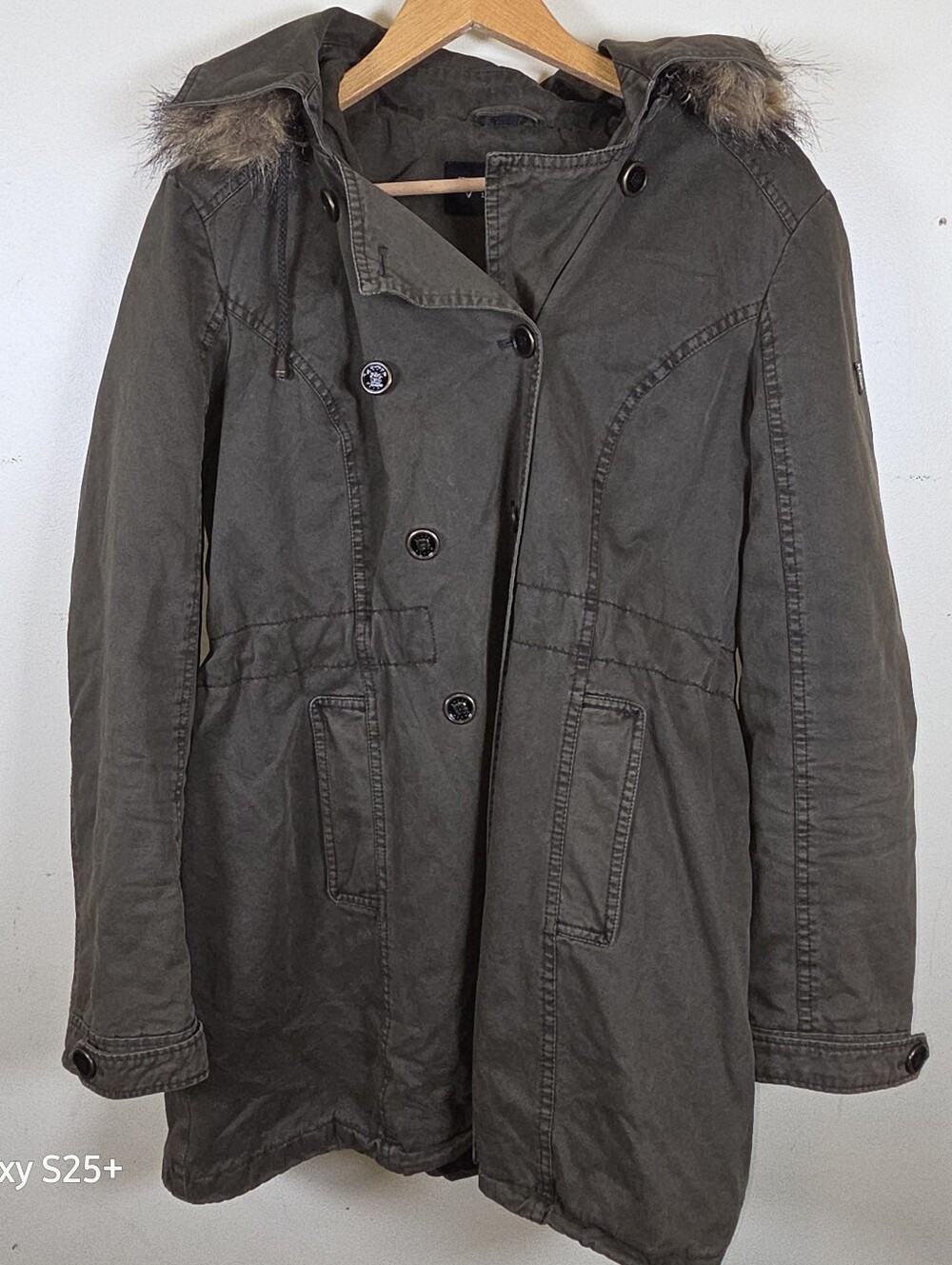 Guess Military Style Jacket Parka XL Fur Trim Hood Y2K